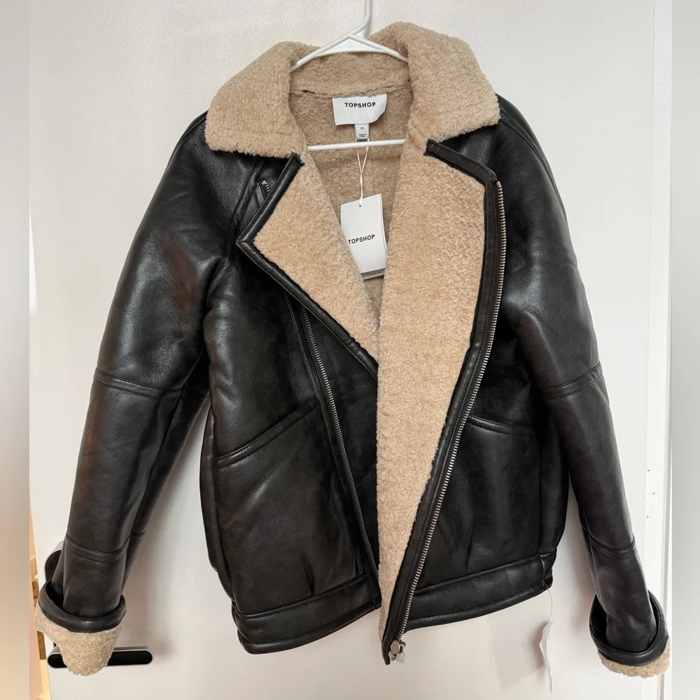 NWT TopShop leather shearling bomber jacket - Picture 4 of 6